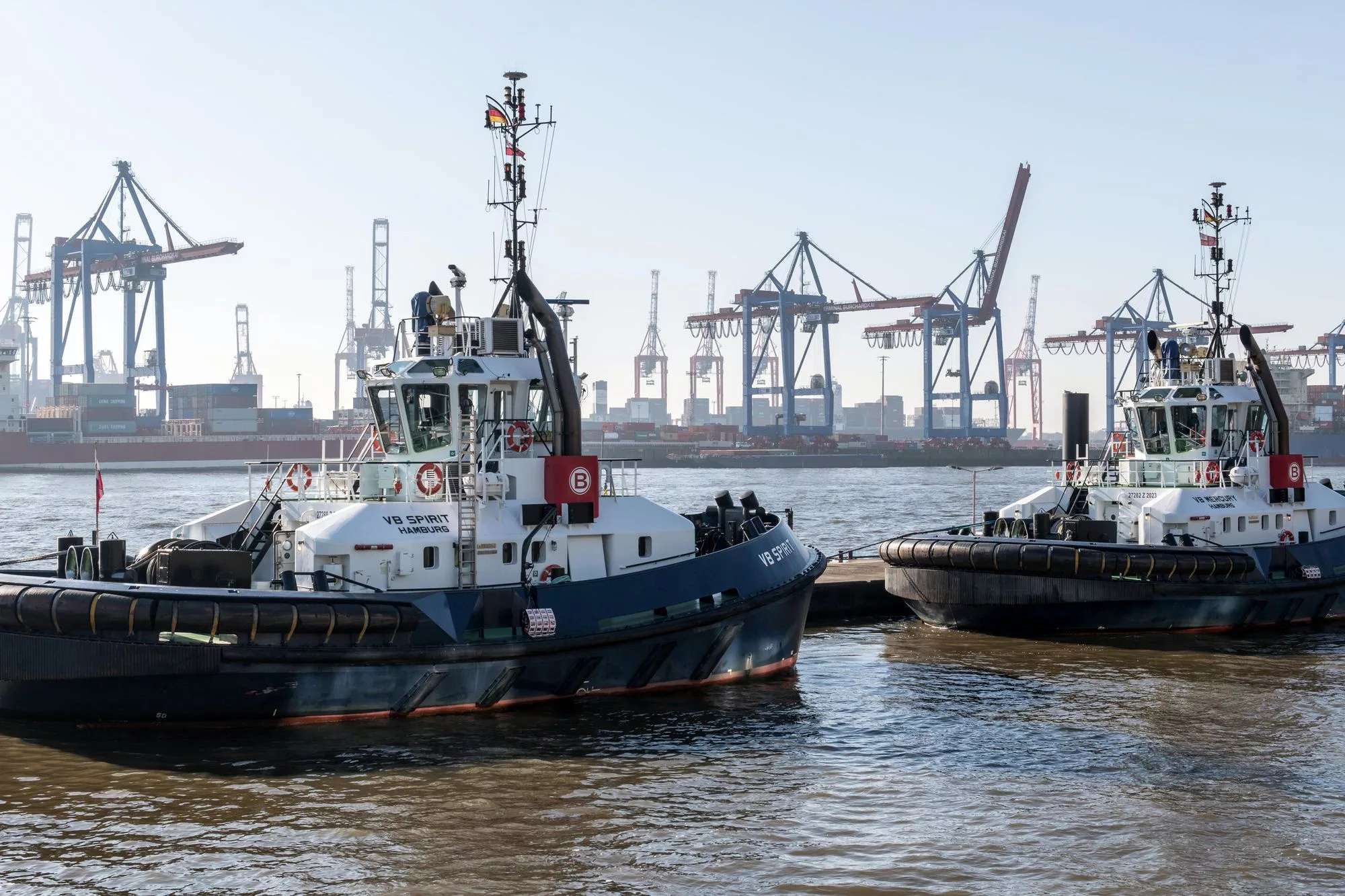 Harbour tugs made fast in front of container cranes