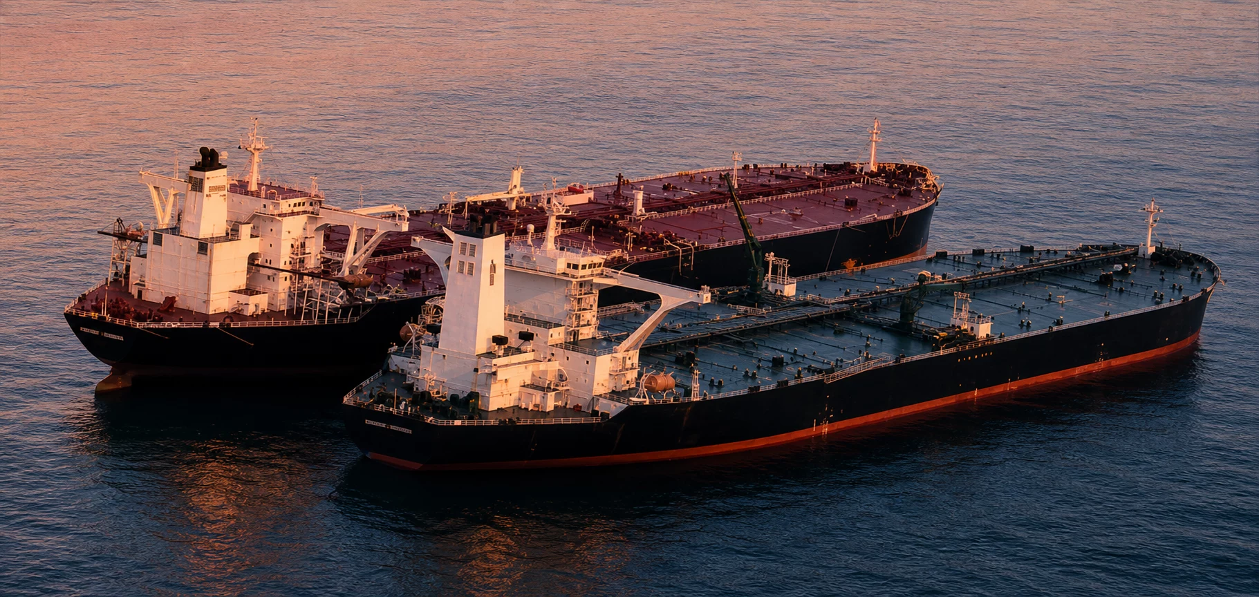 Two tankers made fast alongside one another during a ship-to-ship transfer at sunset