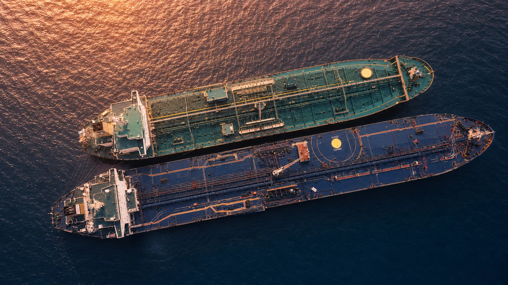 Two tankers moored alongside one another during a transfer, seen from the air at sunset