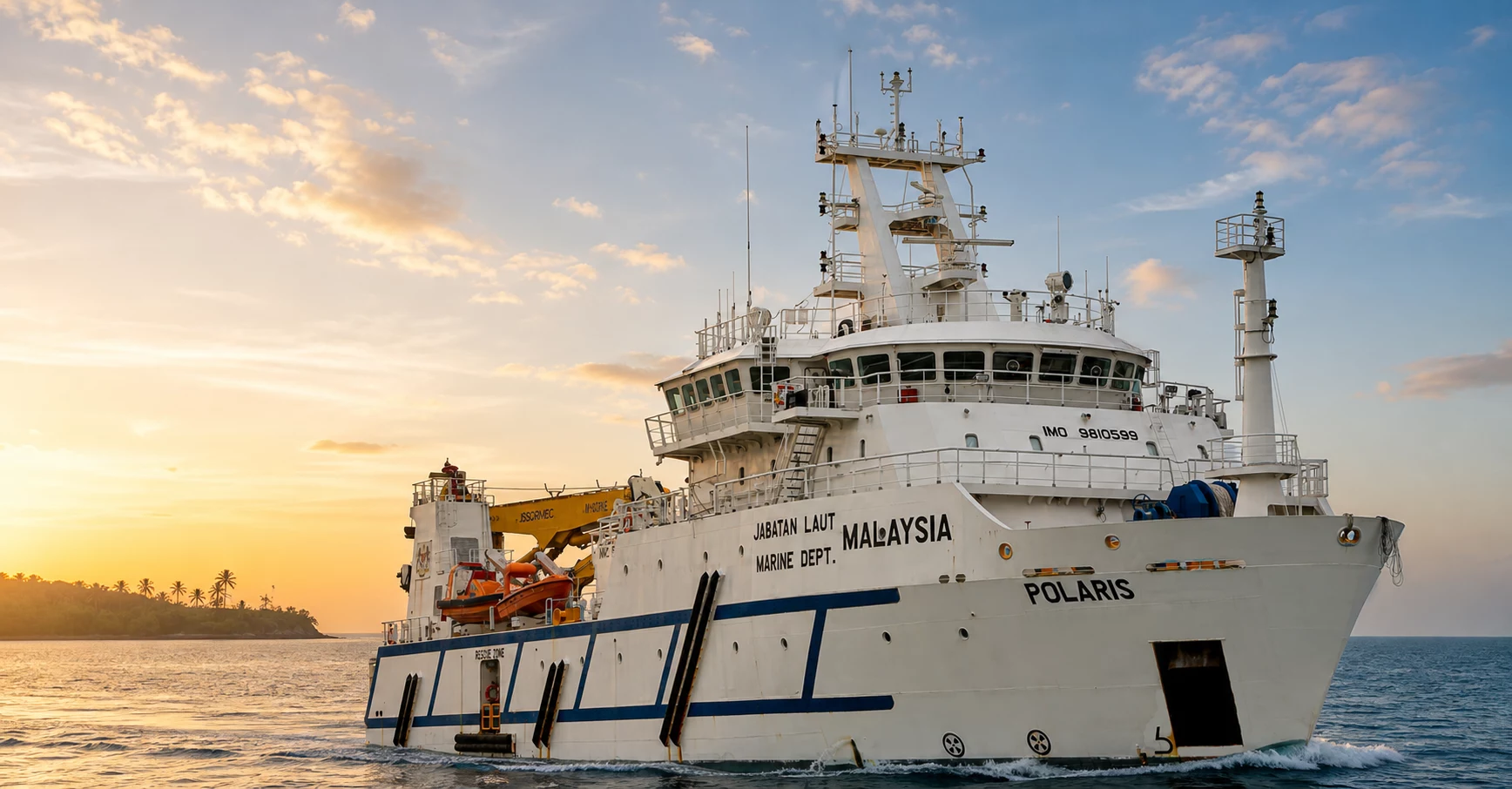 The Jabatan Laut Malaysia vessel Polaris under way at sunset
