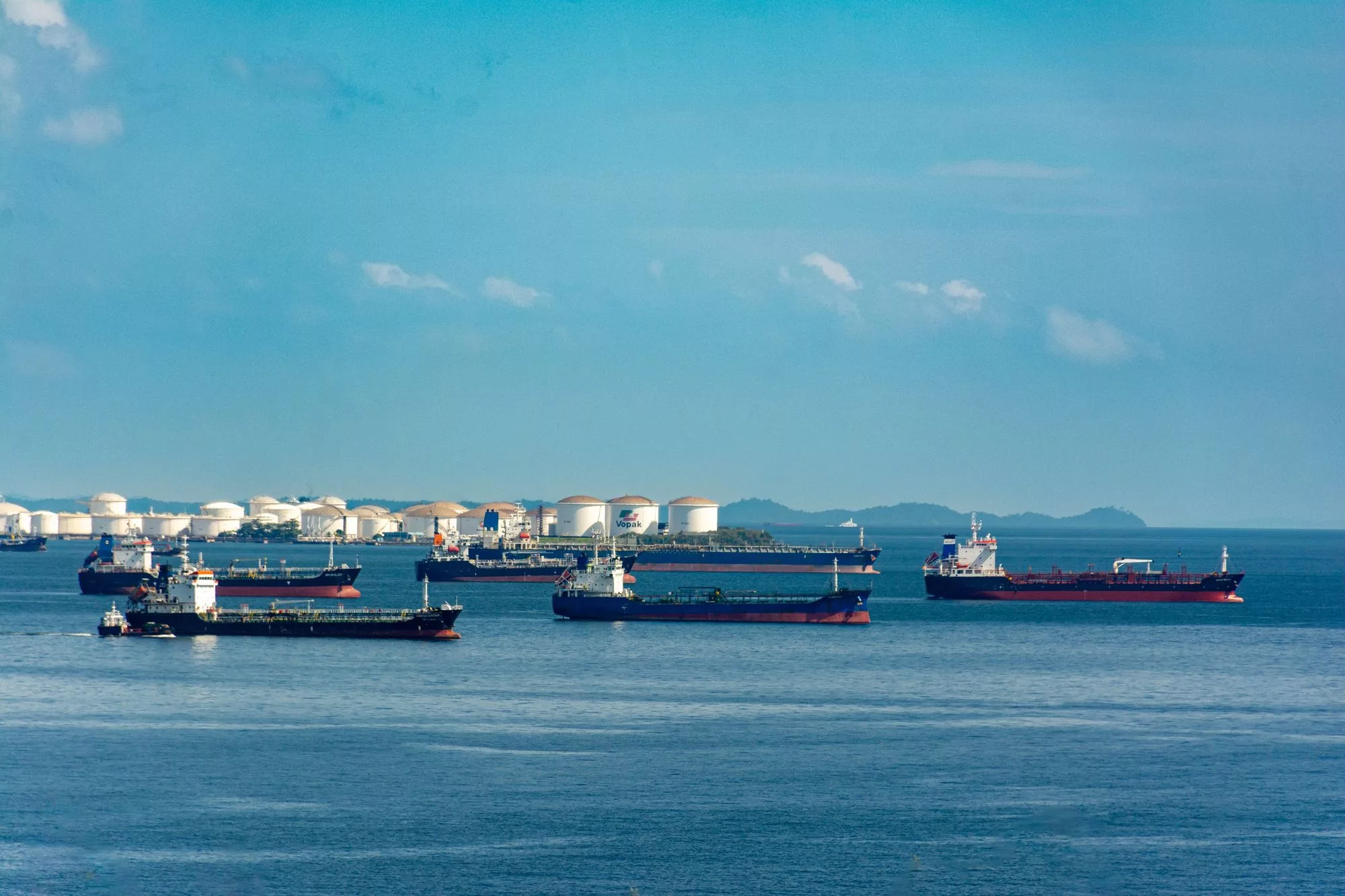 Product tanker under way at sunset seen from the air