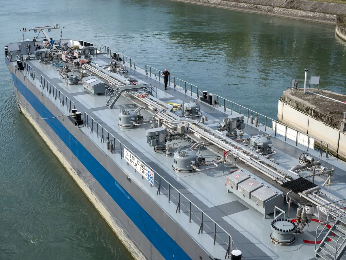 Bunker barge deck with its manifold and cargo pipework seen from above