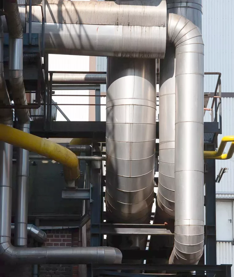 Insulated ducting and pipework inside an industrial plant