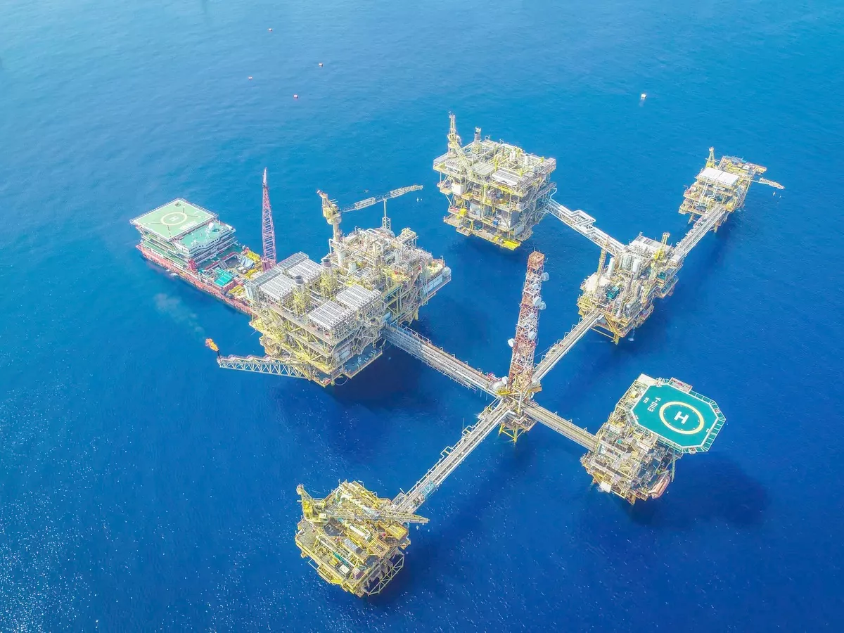 Aerial view of a linked offshore production complex in deep water