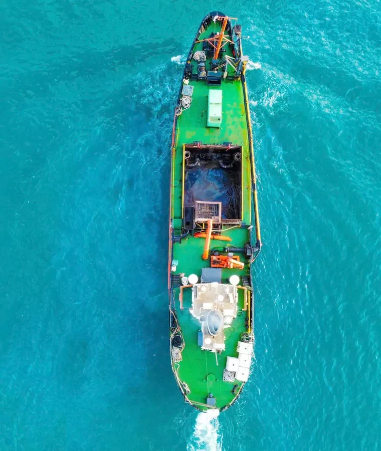 Workboat under way seen from directly above